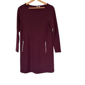 Gap Shift Dress Womens Large Burgundy Long Sleeve Ribbed Knit Zipper Pockets‎